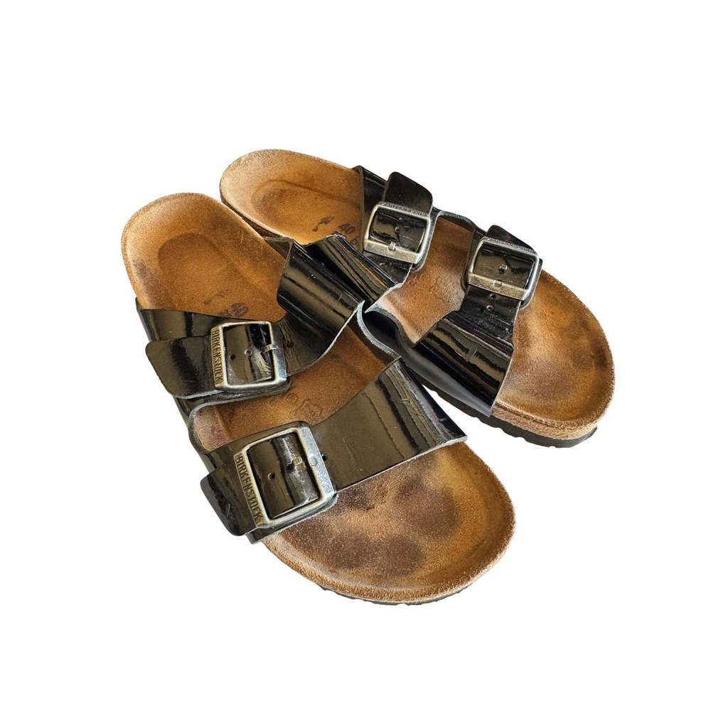 Birkenstock Arizona Black Patent Leather Soft Footbed Sandals Women 40 Narrow
